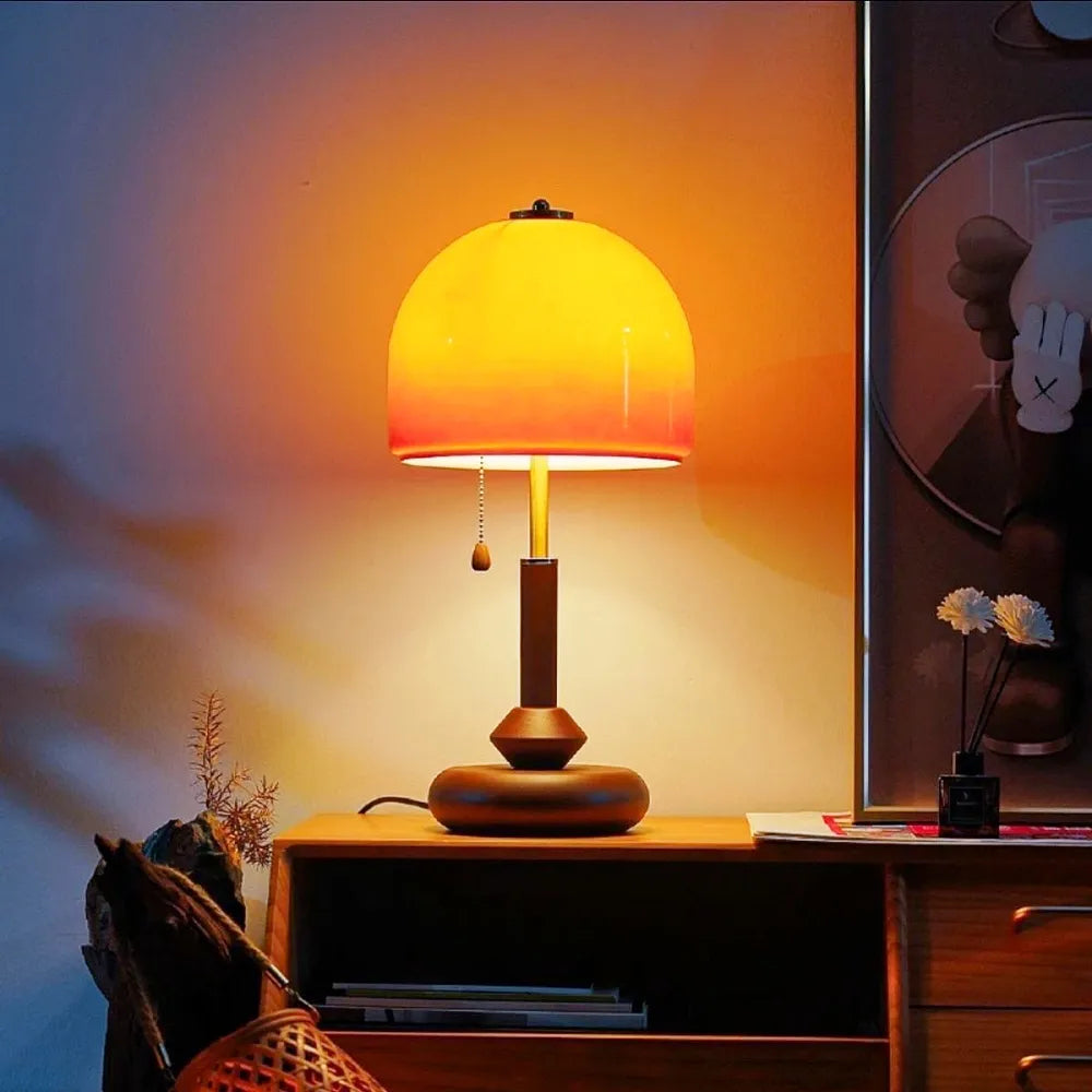 Vintage Glass & Solid Wood Sunset Table Lamp Ambient Bedside Light