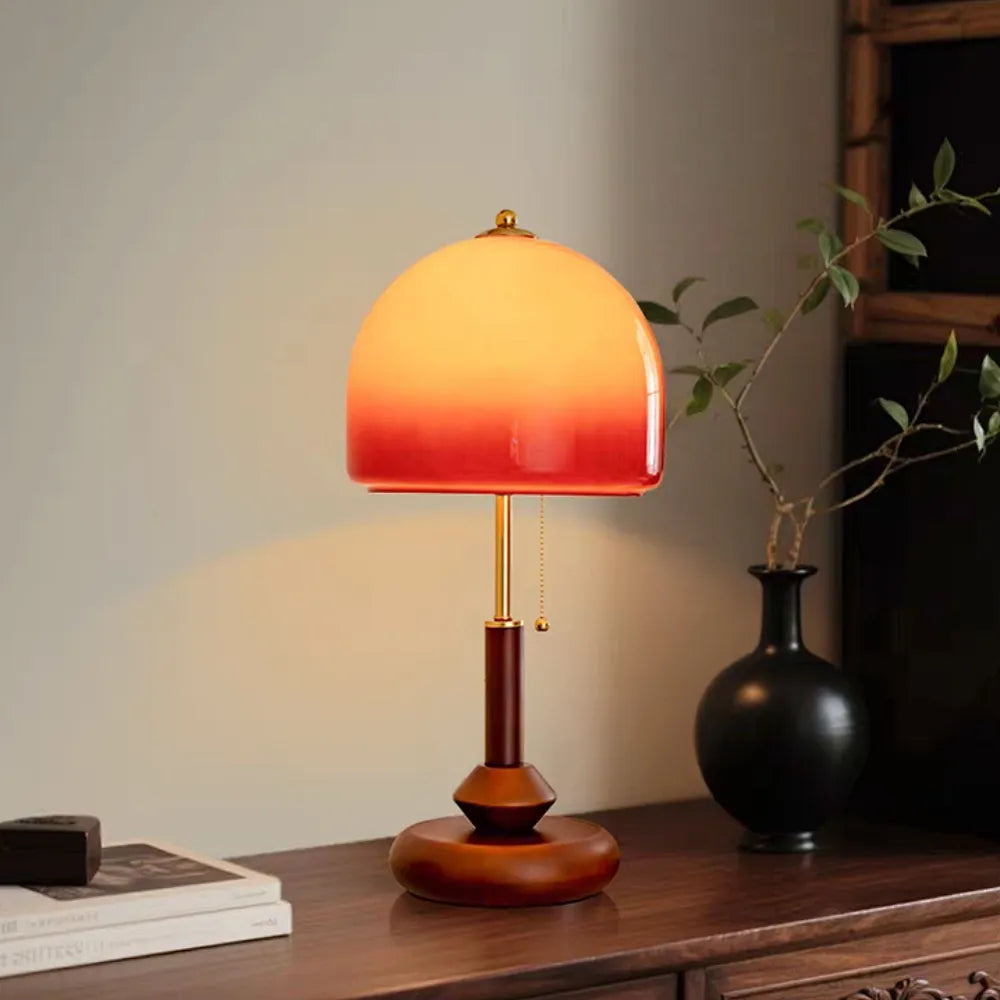 Vintage Glass & Solid Wood Sunset Table Lamp Ambient Bedside Light
