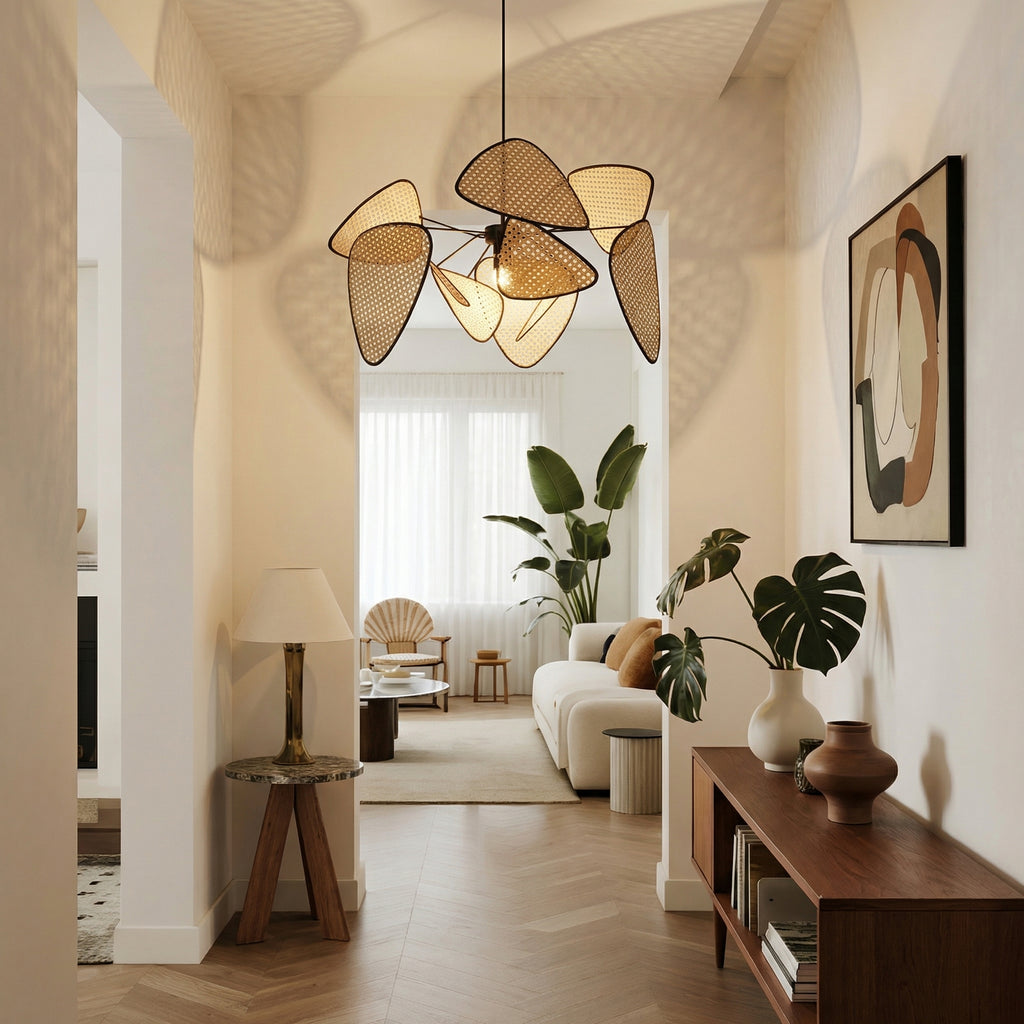 Modern Rattan Pendant Light Multi-Leaf Woven Chandelier