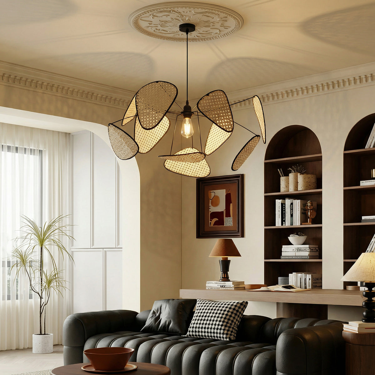 Modern Rattan Pendant Light Multi-Leaf Woven Chandelier