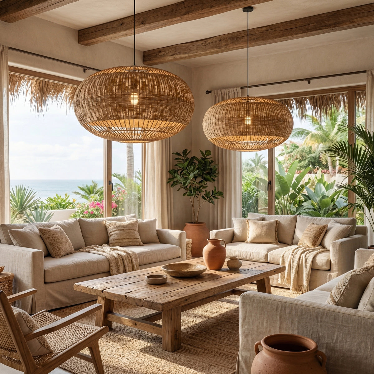 Commercial Rattan Pendant Light Wabi-Sabi Cafe & Restaurant Chandelier
