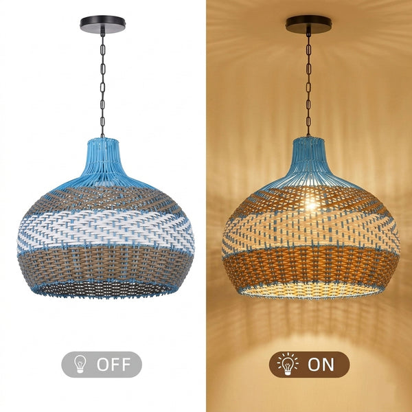 Blue Rattan Pendant Light Hamptons-Style Kitchen Island Fixture